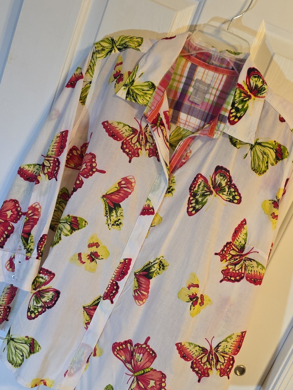 Chico's White Button-Down Shirt with Pink and Green Butterfly Print